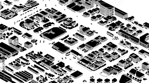 An aerial perspective of a city with grid-like streets, parks, and diverse building types, vector illustration art