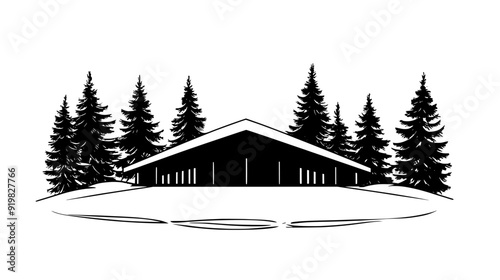 Ice skating rink with a peaked roof near evergreen trees, vector illustration art