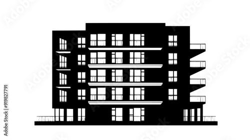 L-shaped apartment building with a courtyard and a series of balconies, vector illustration art