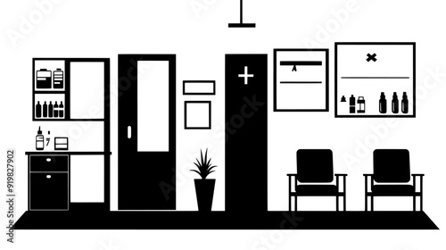 Urgent care center with treatment rooms, waiting area, and medical supply storage, vector illustration art