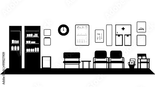 Urgent care center with treatment rooms, waiting area, and medical supply storage, vector illustration art