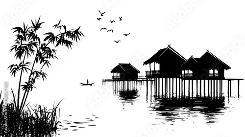 Bamboo huts elevated on stilts, forming a linear village along a waterway, vector illustration art