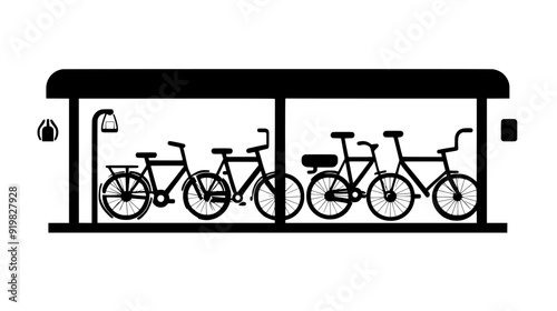 Bicycle station with numerous parked bicycles, showing infrastructure for orderly parking and security, vector illustration art