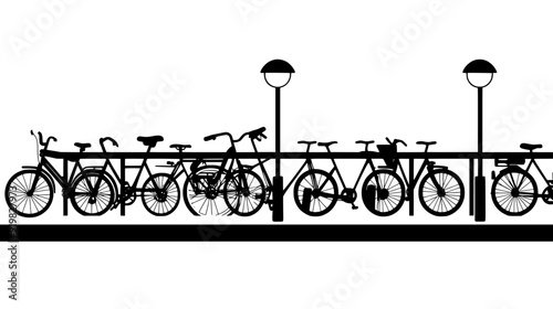 Bicycle station with numerous parked bicycles, showing infrastructure for orderly parking and security, vector illustration art