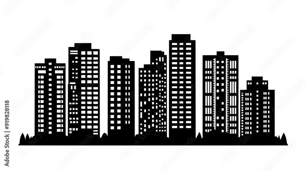 Cluster of apartment buildings, with a mixture of high and mid-rise structures, vector illustration art Cluster of apartment buildings, with a mixture of high and mid-rise structures, vector illustration art