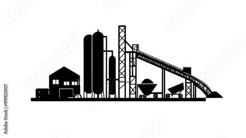 Cement plant with silos, mixing drums, and a series of conveyor belts transporting materials, vector illustration art
