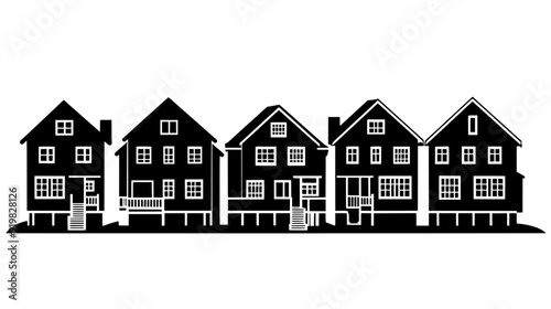 Cluster of townhouses with identical design, showcasing multiple stories and front porches, vector illustration art