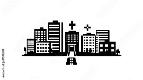 Complex with a central building surrounded by outpatient and specialty clinics, vector illustration art