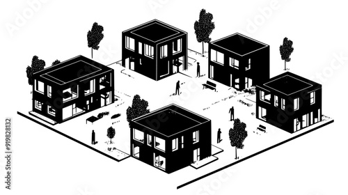 Cluster of modular pods arranged around shared central courtyards and common facilities, vector illustration art