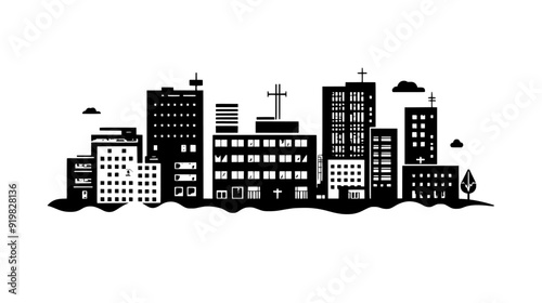 Complex with a central building surrounded by outpatient and specialty clinics, vector illustration art
