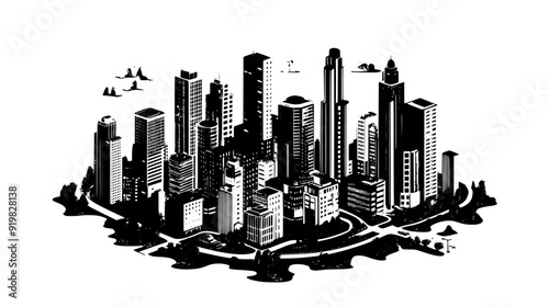 Clustered angular towers with expansive parks and automated transit systems in a self-sustaining city, vector illustration art