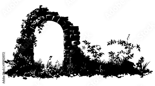 Crumbling stone walls and archways of an ancient structure overgrown with vegetation, vector illustration art
