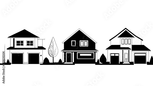 Detached homes with garages, driveways, and well-maintained lawns in a suburban neighborhood, vector illustration art