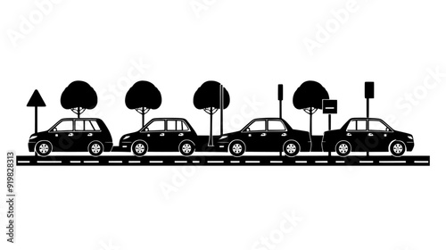 Designated taxi waiting area with several taxis lined up, featuring appropriate road markings, vector illustration art
