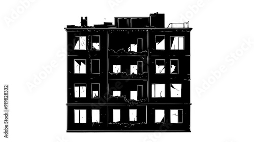 Dilapidated, multi-story building with broken windows and exposed structural elements, vector illustration art