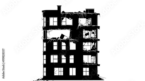 Dilapidated, multi-story building with broken windows and exposed structural elements, vector illustration art