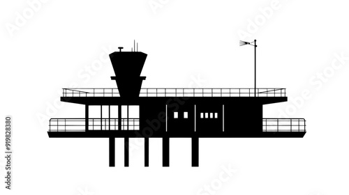 Elevated helipad featuring a landing zone, wind sock, safety railing, and perimeter lighting on a building, vector illustration art