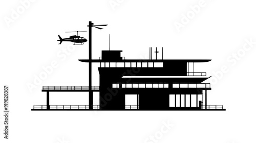 Elevated helipad featuring a landing zone, wind sock, safety railing, and perimeter lighting on a building, vector illustration art