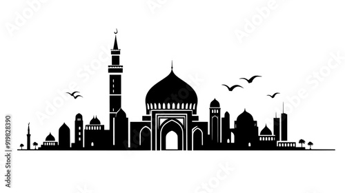 Domed mosque with a prominent minaret, situated in a city with various surrounding structures, vector illustration art