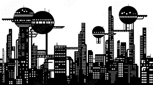 Elevated spherical structures linked by tubes and skywalks above a multi-layered urban grid, vector illustration art