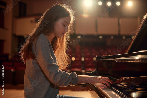 Young girl playing piano on stage during a performance