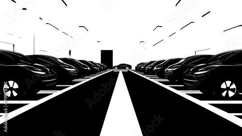 Interior of a car rental facility featuring numerous parked rental vehicles in designated spots, vector illustration art