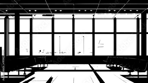 Interior of the terminal with rows of benches and large windows, vector illustration art