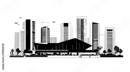Large cultural center with a unique roof design, surrounded by other buildings and a nearby park, vector illustration art