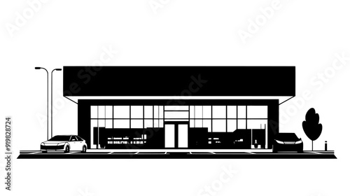 Large retail store with expansive windows and a spacious parking lot in front of the building, vector illustration art