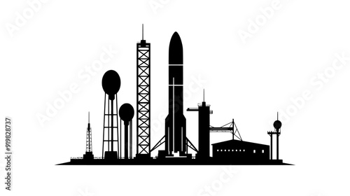 Launch pad at a spaceport with support structures, control building, fueling area, and observation tower, vector illustration art