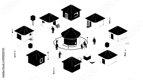 Collapsible shelters in a radial layout around central utility and service hubs, vector illustration art
