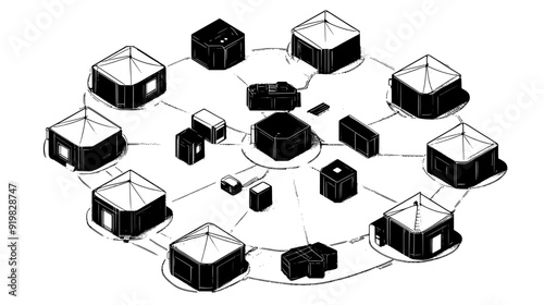 Collapsible shelters in a radial layout around central utility and service hubs, vector illustration art