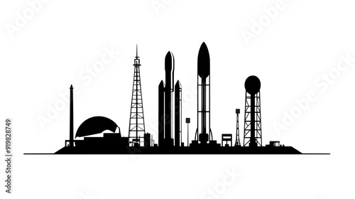 Launch pad at a spaceport with support structures, control building, fueling area, and observation tower, vector illustration art