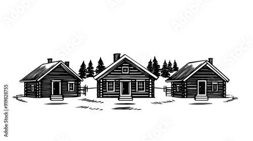 Log cabins arranged around a central open space, illustrating traditional construction practices, vector illustration art