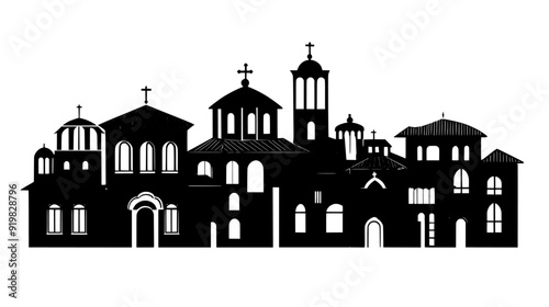 Monastery complex with a series of interconnected buildings, courtyards, and a central place of worship, vector illustration art