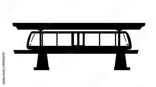 Monorail station with a platform, overhead track, structural supports, and an electronic display for arrivals, vector illustration art