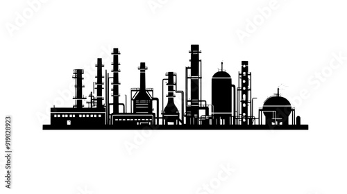 Oil refinery with a series of tanks, pipelines, and distillation columns in a vast compound, vector illustration art