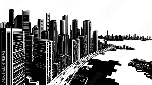 Overhead image of an urban landscape with high-rise buildings, thoroughfares, and a large body of water, vector illustration art