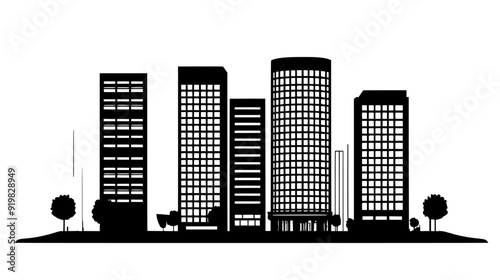 Office buildings with large glass facades and multiple floors, located in a bustling business district, vector illustration art