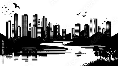 Panoramic urban landscape with tall buildings, river, and surrounding hills, vector illustration art
