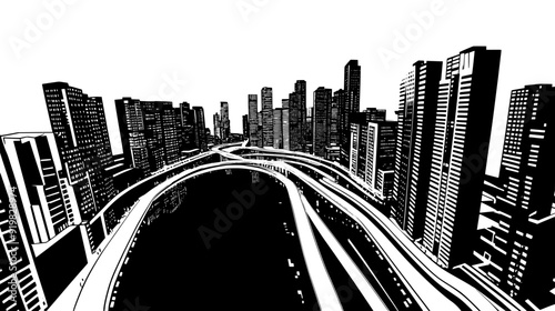 Overhead image of an urban landscape with high-rise buildings, thoroughfares, and a large body of water, vector illustration art