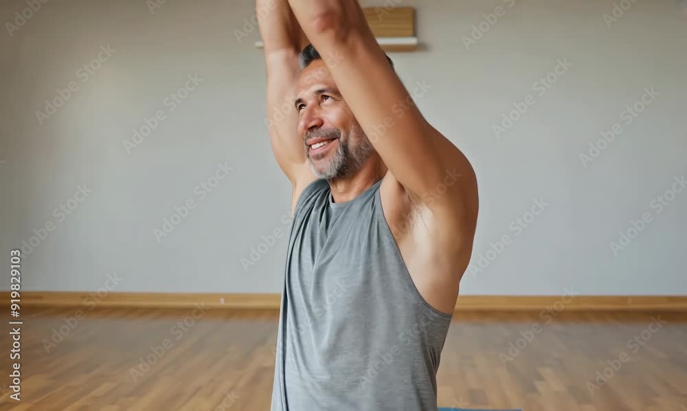 Portrait of a smiling mature man doing stretching exercise in fitness studio Portrait of a smiling mature man doing stretching exercise in fitness studio