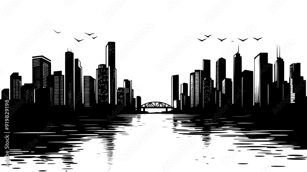 Fototapeta premium Tall office buildings overlooking river with bridges in sight, vector illustration art