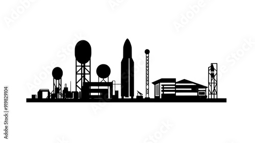 Spaceport with a prominent launch pad, control facilities, fueling station, and maintenance buildings, vector illustration art