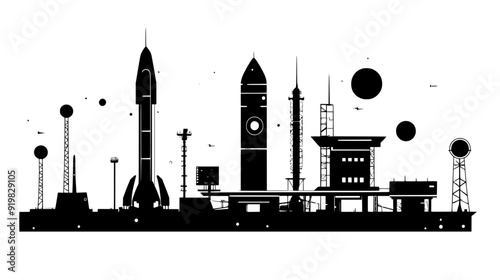 Spaceport with multiple launch pads, control center, vehicle assembly building, and fueling station, vector illustration art
