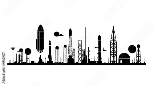 Spaceport featuring multiple launch pads, command center, rocket assembly buildings, and fueling equipment, vector illustration art