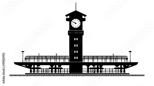 Station clock tower with multiple tracks and platforms below, vector illustration art