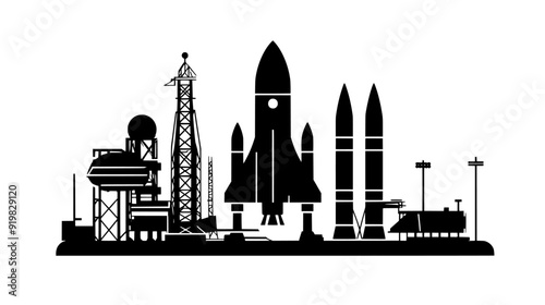 Spaceport with multiple launch pads, control center, vehicle assembly building, and fueling station, vector illustration art