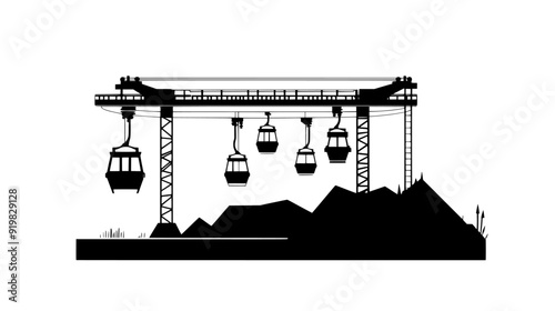 Station for cable cars featuring platform, cable system, pulley mechanisms, and control structure beside it, vector illustration art