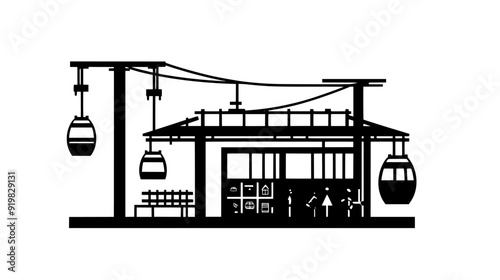 Station for cable cars with a platform, steel cables, loading area, and control mechanisms for operation, vector illustration art